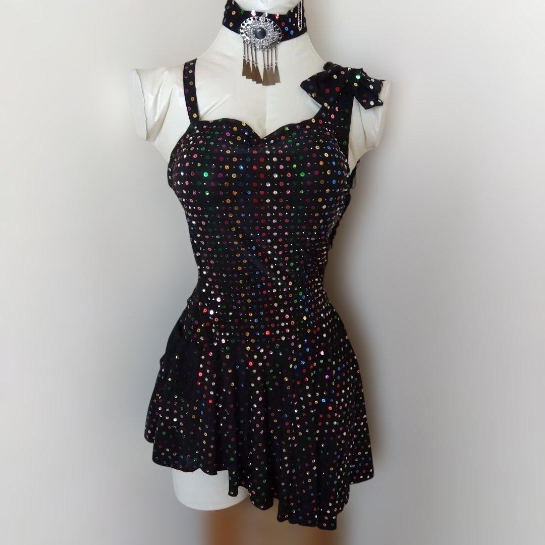 ダンス衣装 スパンコール 黒 片肩
