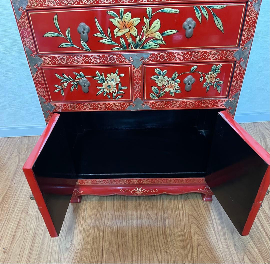 中国　花柄　アンティーク　タンス