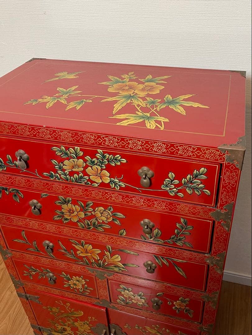 中国　花柄　アンティーク　タンス