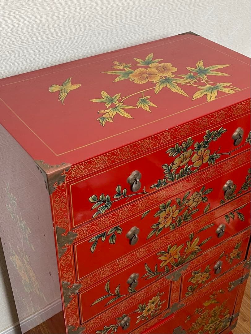 中国　花柄　アンティーク　タンス