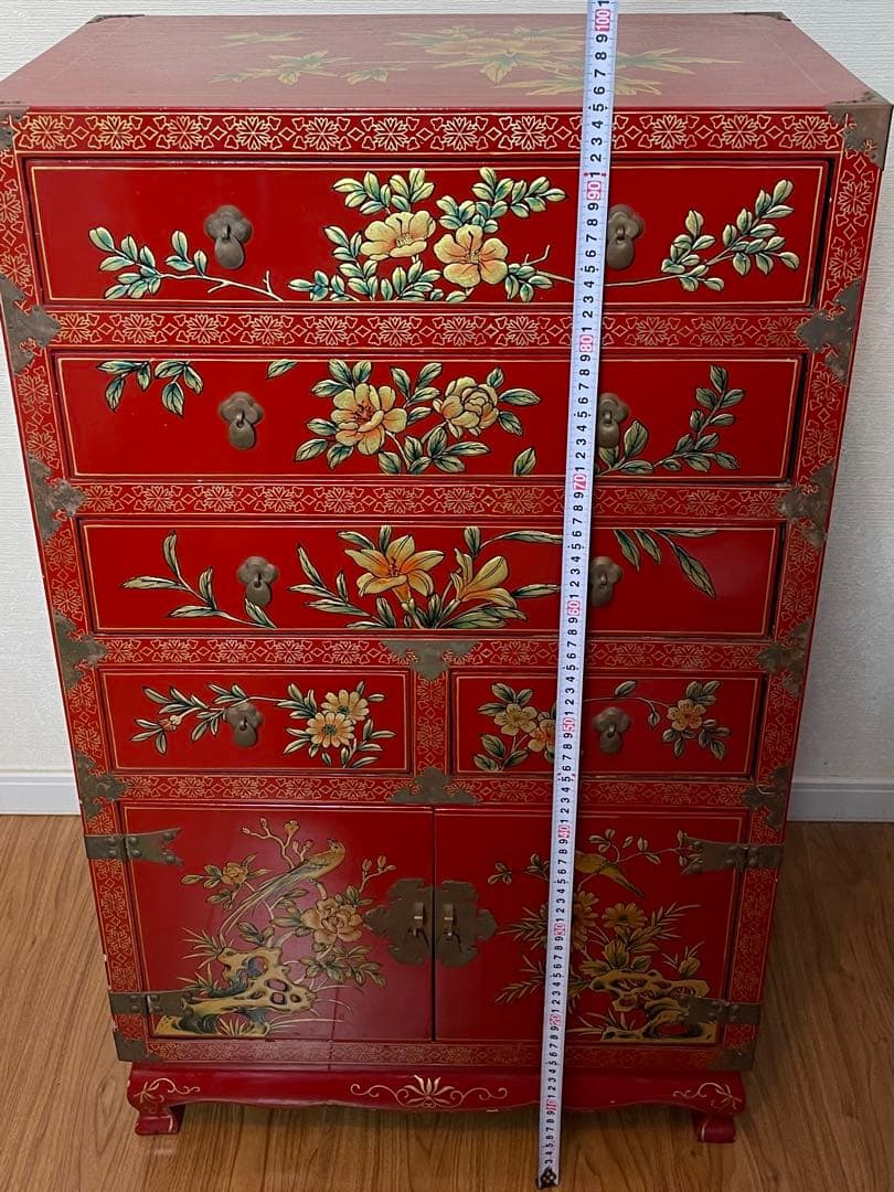 中国　花柄　アンティーク　タンス