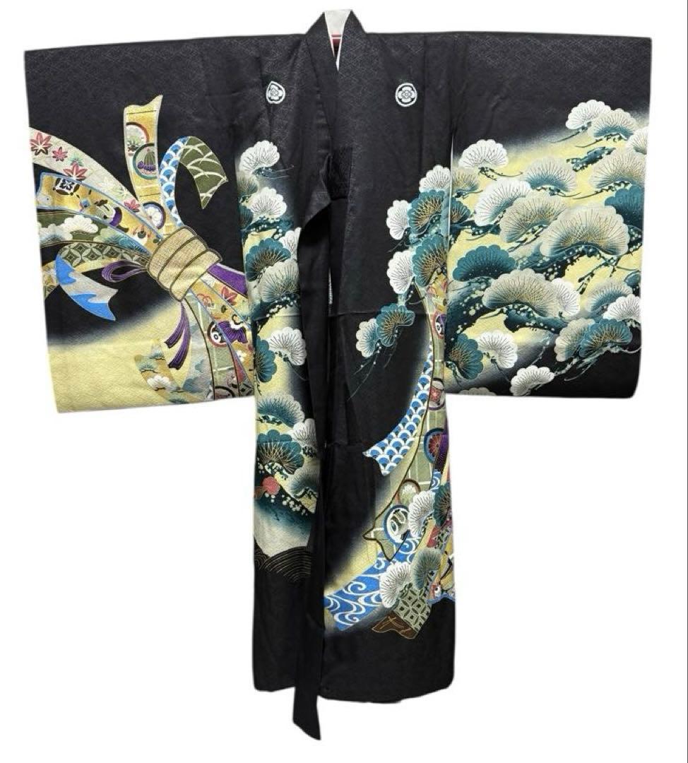 正絹　お宮参り一つ身着物、長襦袢セット　男の子　黒系　鷹柄