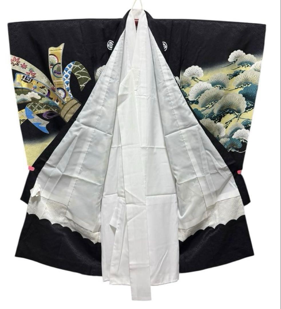 正絹　お宮参り一つ身着物、長襦袢セット　男の子　黒系　鷹柄