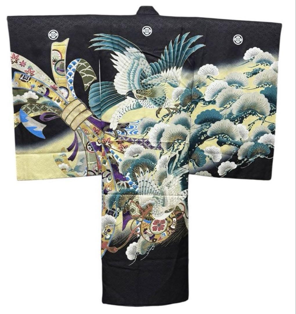 正絹　お宮参り一つ身着物、長襦袢セット　男の子　黒系　鷹柄