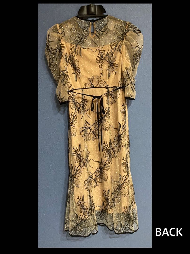 花柄リボンパフスリーブマーメイドワンピースドレス【S】