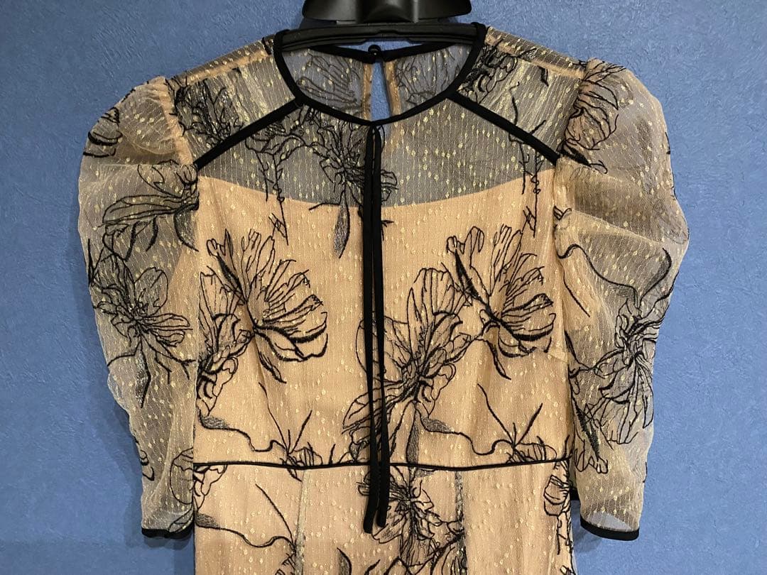 花柄リボンパフスリーブマーメイドワンピースドレス【S】