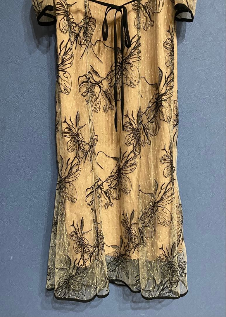 花柄リボンパフスリーブマーメイドワンピースドレス【S】