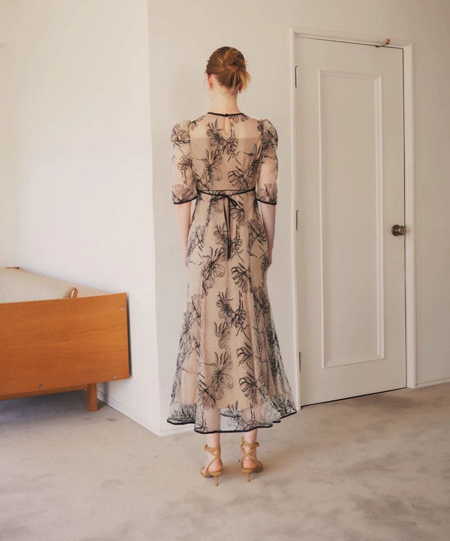 花柄リボンパフスリーブマーメイドワンピースドレス【S】