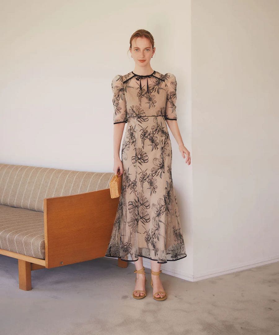 花柄リボンパフスリーブマーメイドワンピースドレス【S】