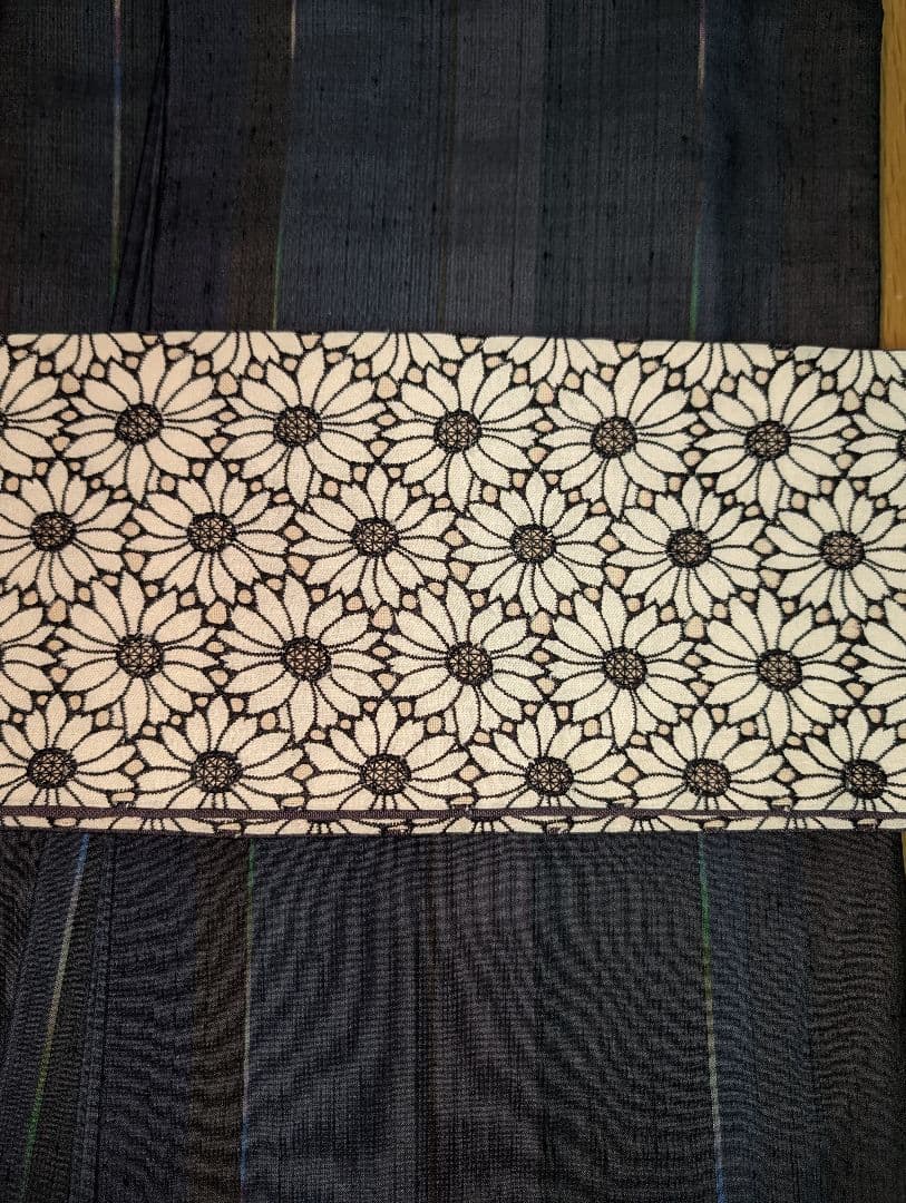 【美品】キモノモダン マーガレット柄レース 半幅帯 リバーシブル