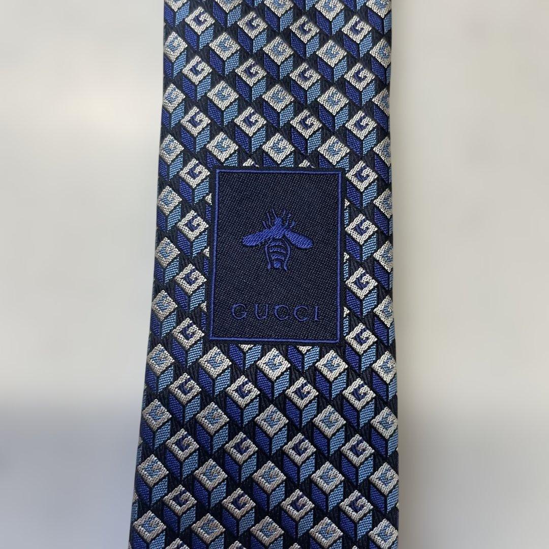 【GUCCI】グッチG柄ネクタイ 蜂 現行タグ 黒/青