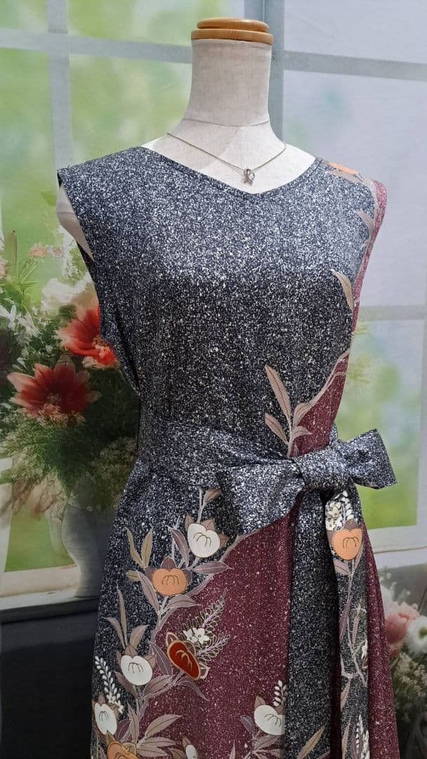 着物リメイク　ワンピース　たたき染め　正絹　作家物　ハンドメイド