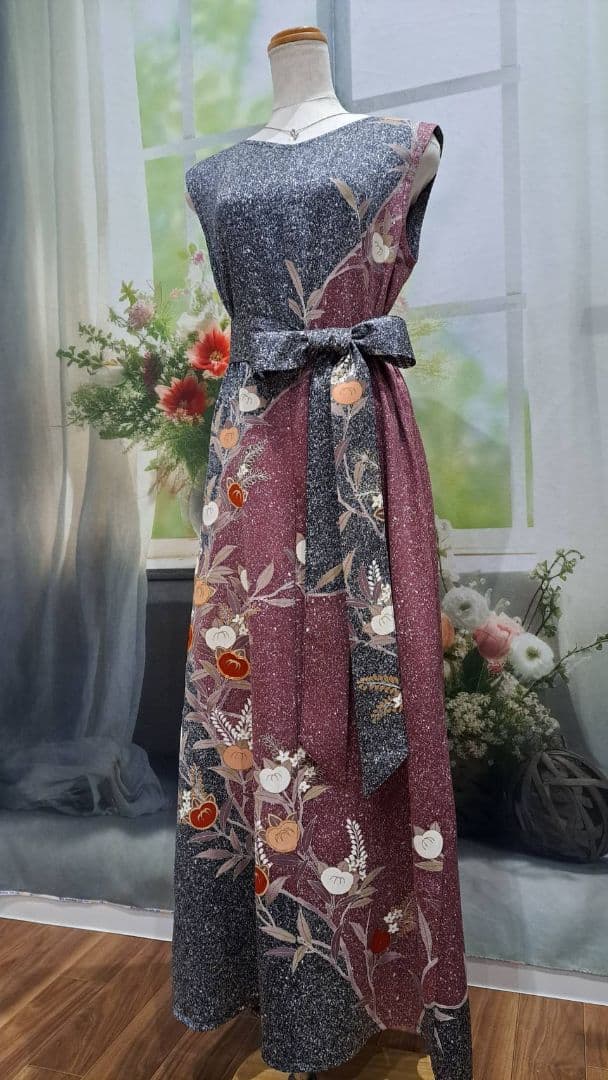 着物リメイク　ワンピース　たたき染め　正絹　作家物　ハンドメイド