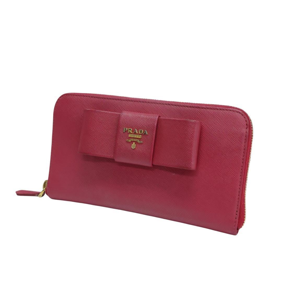 美品 PRADA プラダ 長財布 ラウンドファスナー リボン レザー ピンク