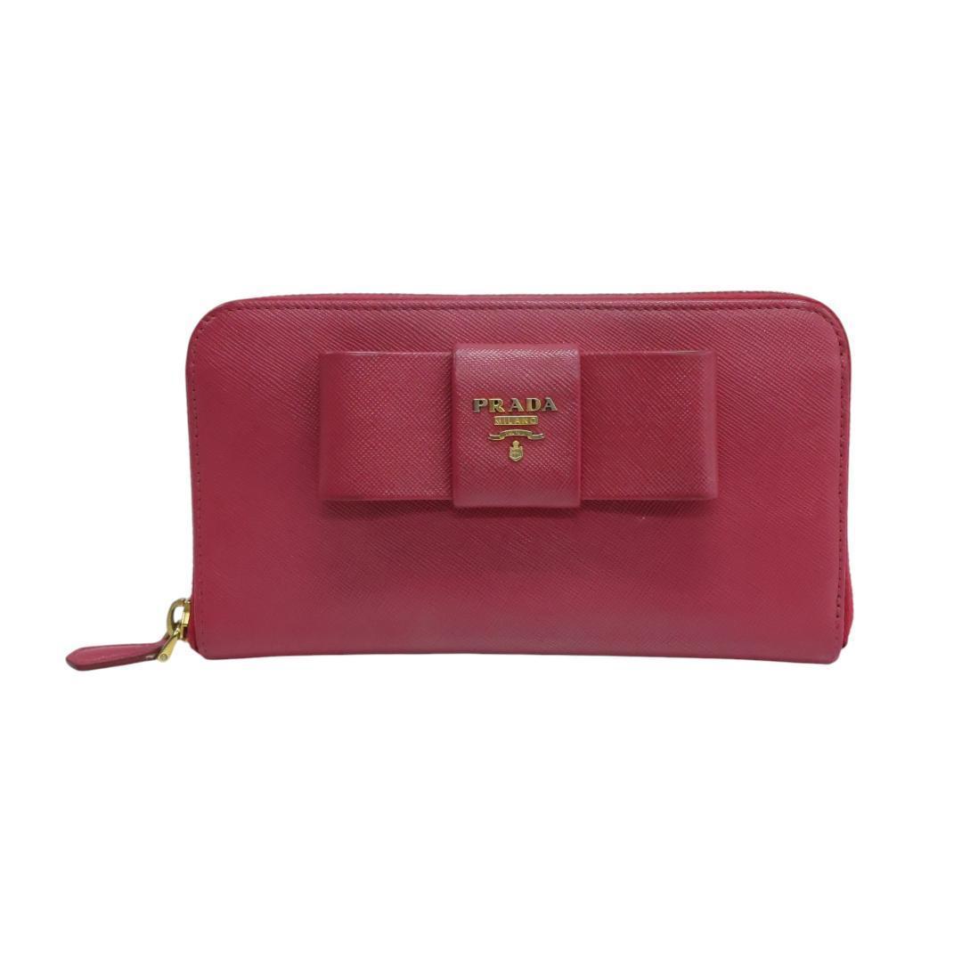 美品 PRADA プラダ 長財布 ラウンドファスナー リボン レザー ピンク