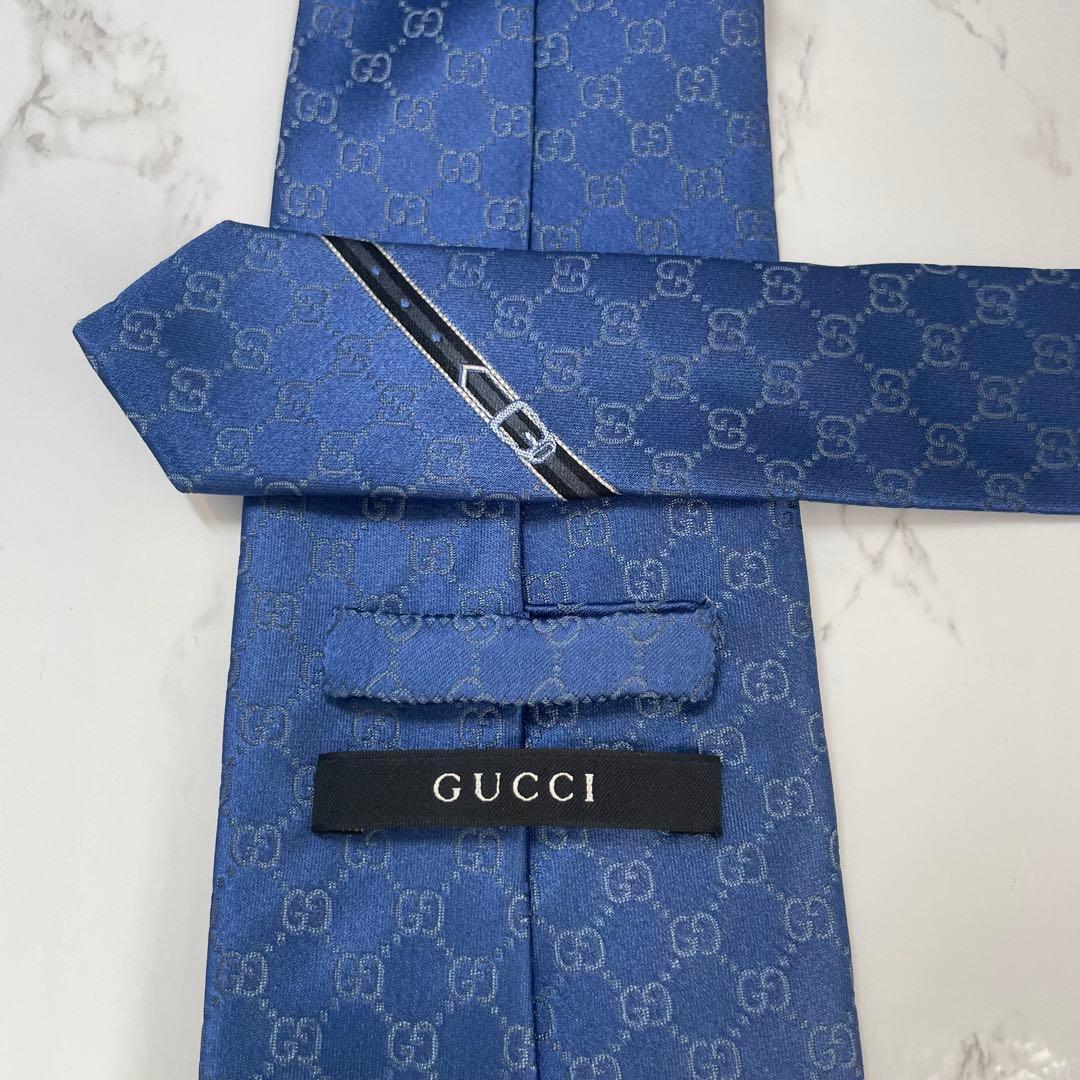 GUCCI グッチ GGチェーン ネクタイ ブルー 光沢