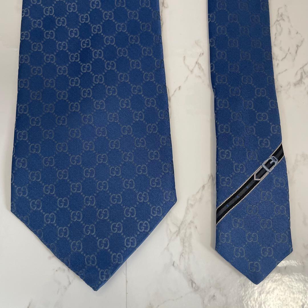 GUCCI グッチ GGチェーン ネクタイ ブルー 光沢