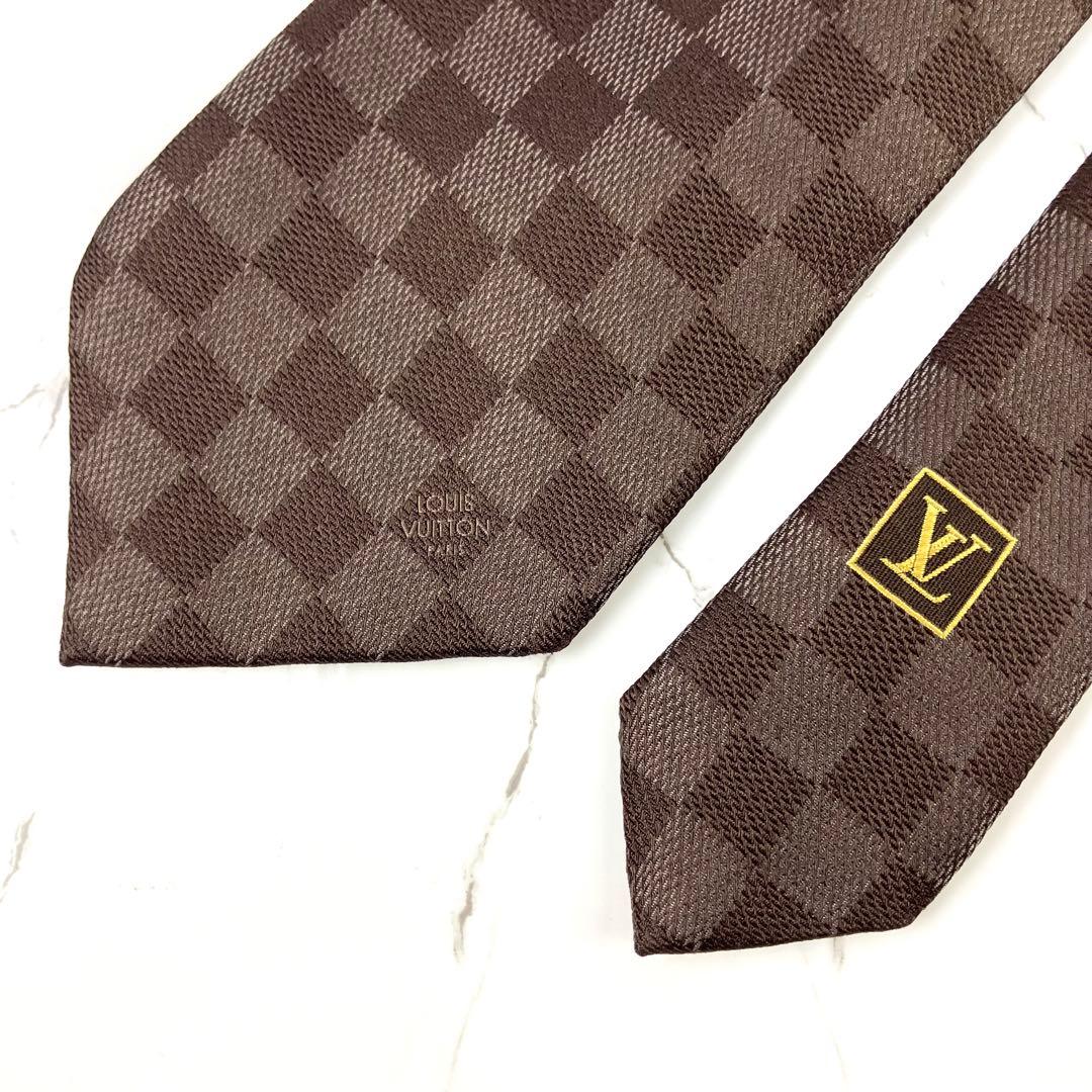 美品　ルイヴィトン　ネクタイ　ダミエ　ロゴ　ソリッド　ジャガード　ダークブラウン