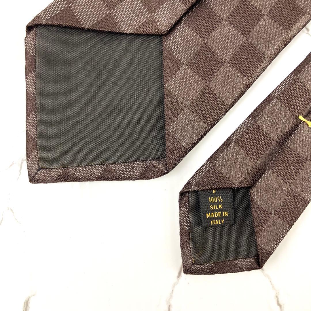 美品　ルイヴィトン　ネクタイ　ダミエ　ロゴ　ソリッド　ジャガード　ダークブラウン