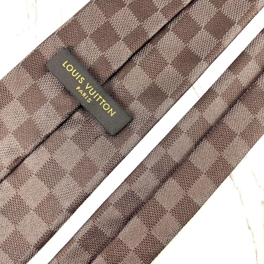 美品　ルイヴィトン　ネクタイ　ダミエ　ロゴ　ソリッド　ジャガード　ダークブラウン