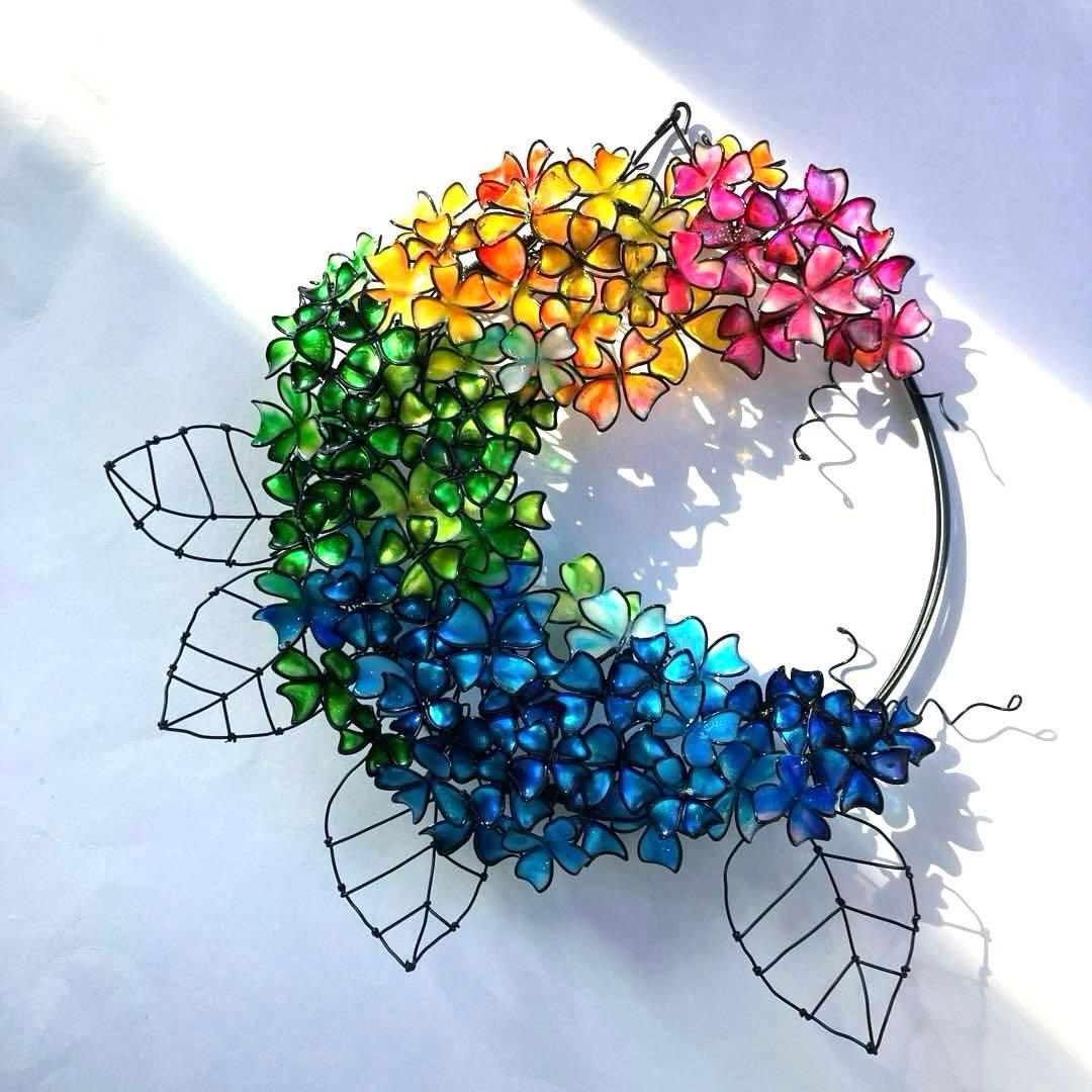 かき氷カラー　大きな紫陽花リース　ワイヤークラフト　ディップアート　一点物