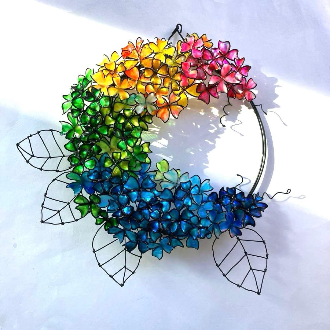 かき氷カラー　大きな紫陽花リース　ワイヤークラフト　ディップアート　一点物