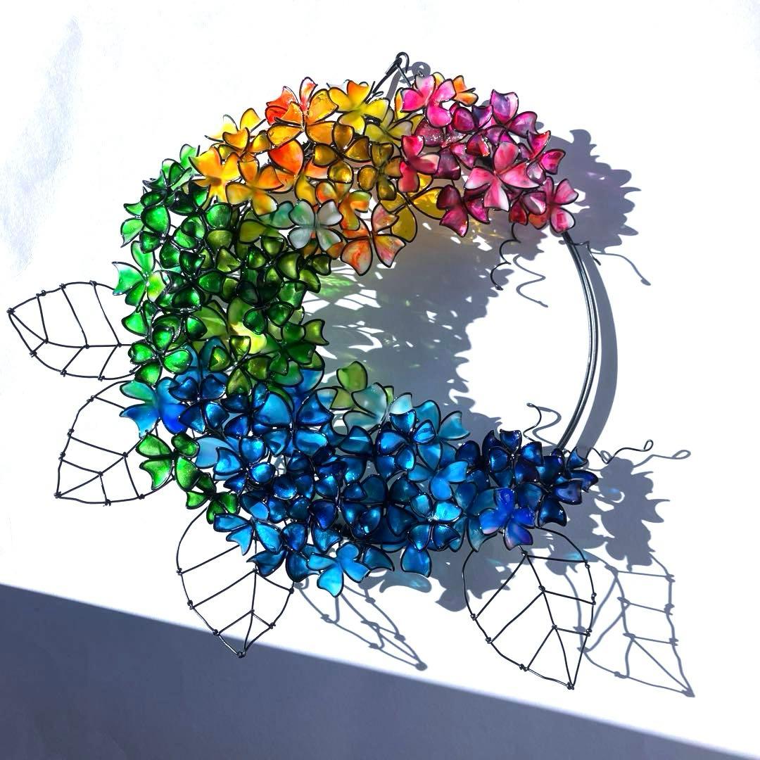 かき氷カラー　大きな紫陽花リース　ワイヤークラフト　ディップアート　一点物