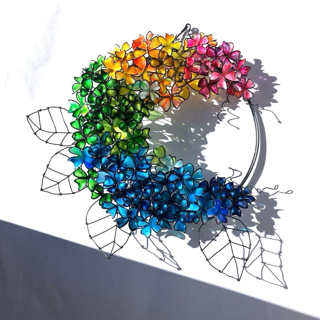 かき氷カラー　大きな紫陽花リース　ワイヤークラフト　ディップアート　一点物