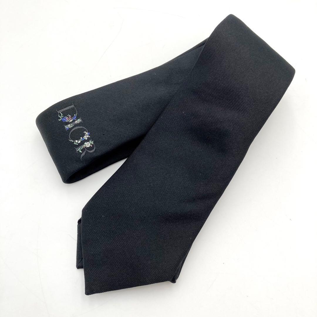 kartellk✨ DIOR ネクタイ 黒 シルク ロゴ刺繍 ワンポイント