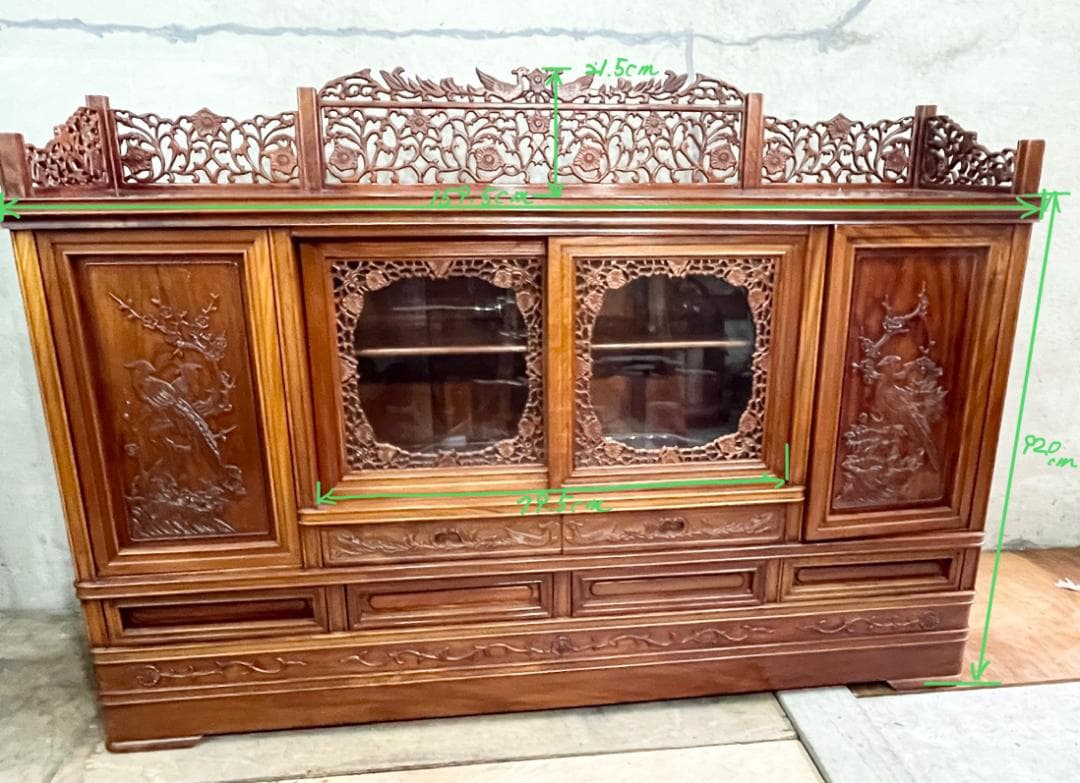 ノアさん専用【重厚天然木 無垢材】中国伝統工芸 茶箪笥・飾り棚（彫刻入り）