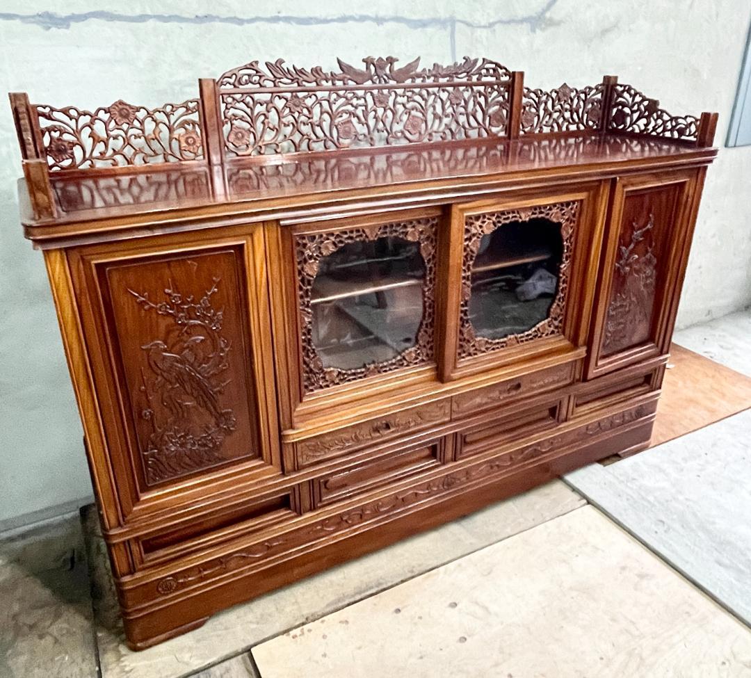 ノアさん専用【重厚天然木 無垢材】中国伝統工芸 茶箪笥・飾り棚（彫刻入り）