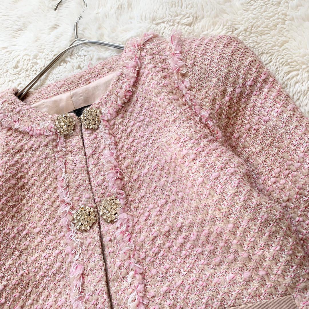 PINKO ピンコ　ツイード　ビジュー　ノーカラー　ジャケット　ピンク　M相当