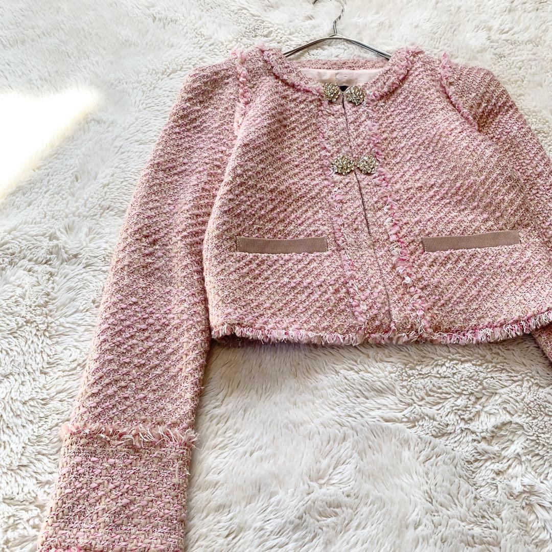 PINKO ピンコ　ツイード　ビジュー　ノーカラー　ジャケット　ピンク　M相当