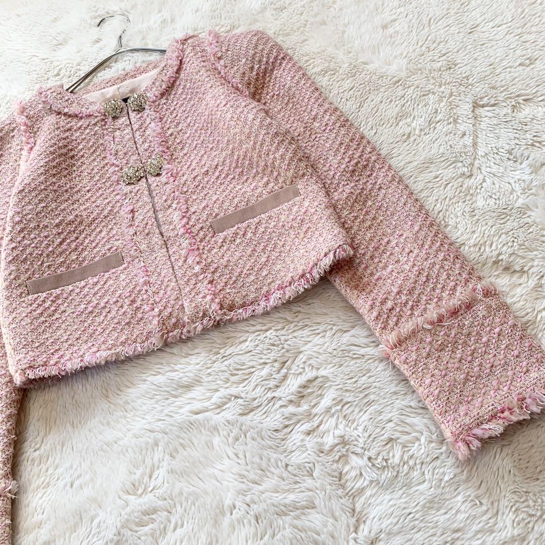 PINKO ピンコ　ツイード　ビジュー　ノーカラー　ジャケット　ピンク　M相当