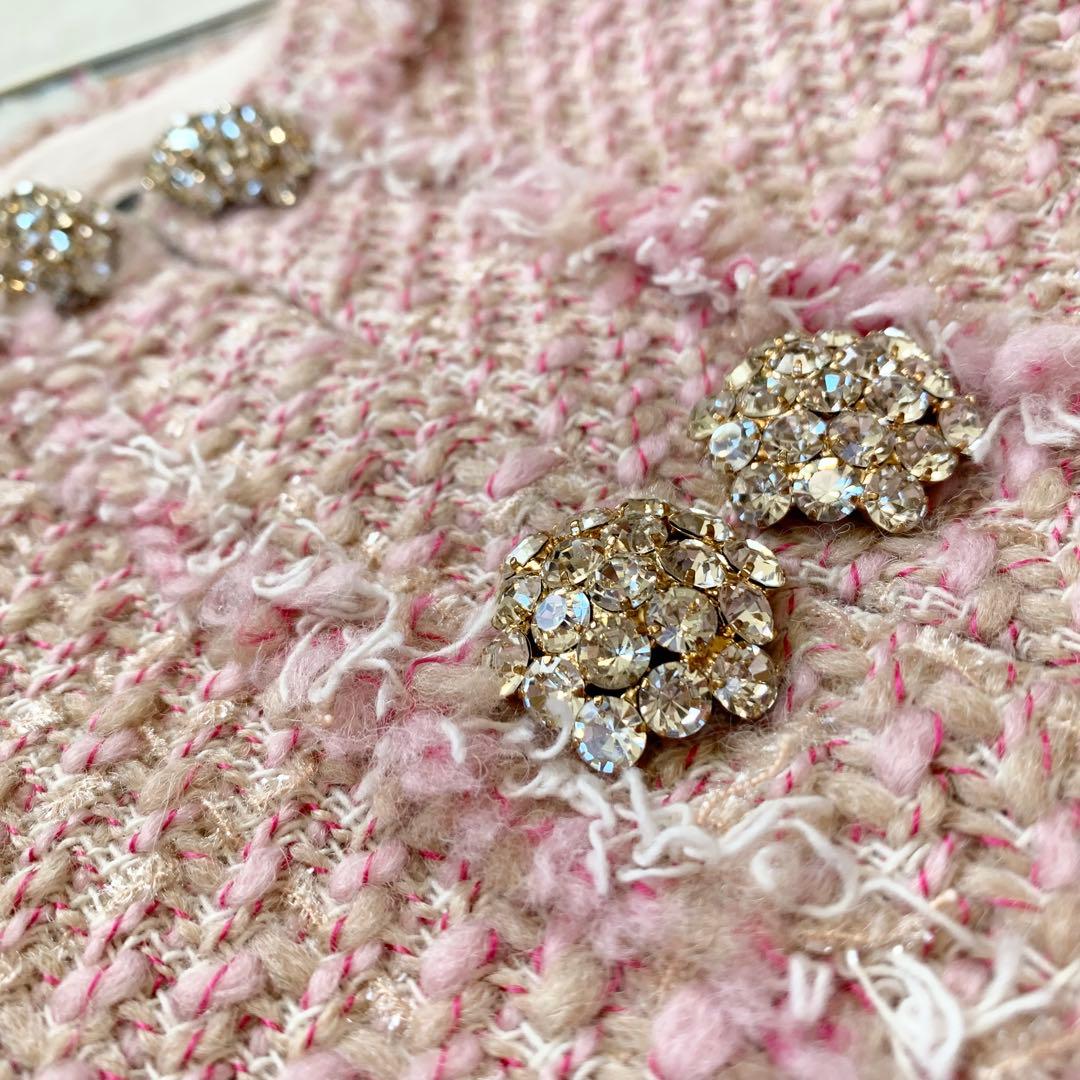 PINKO ピンコ　ツイード　ビジュー　ノーカラー　ジャケット　ピンク　M相当