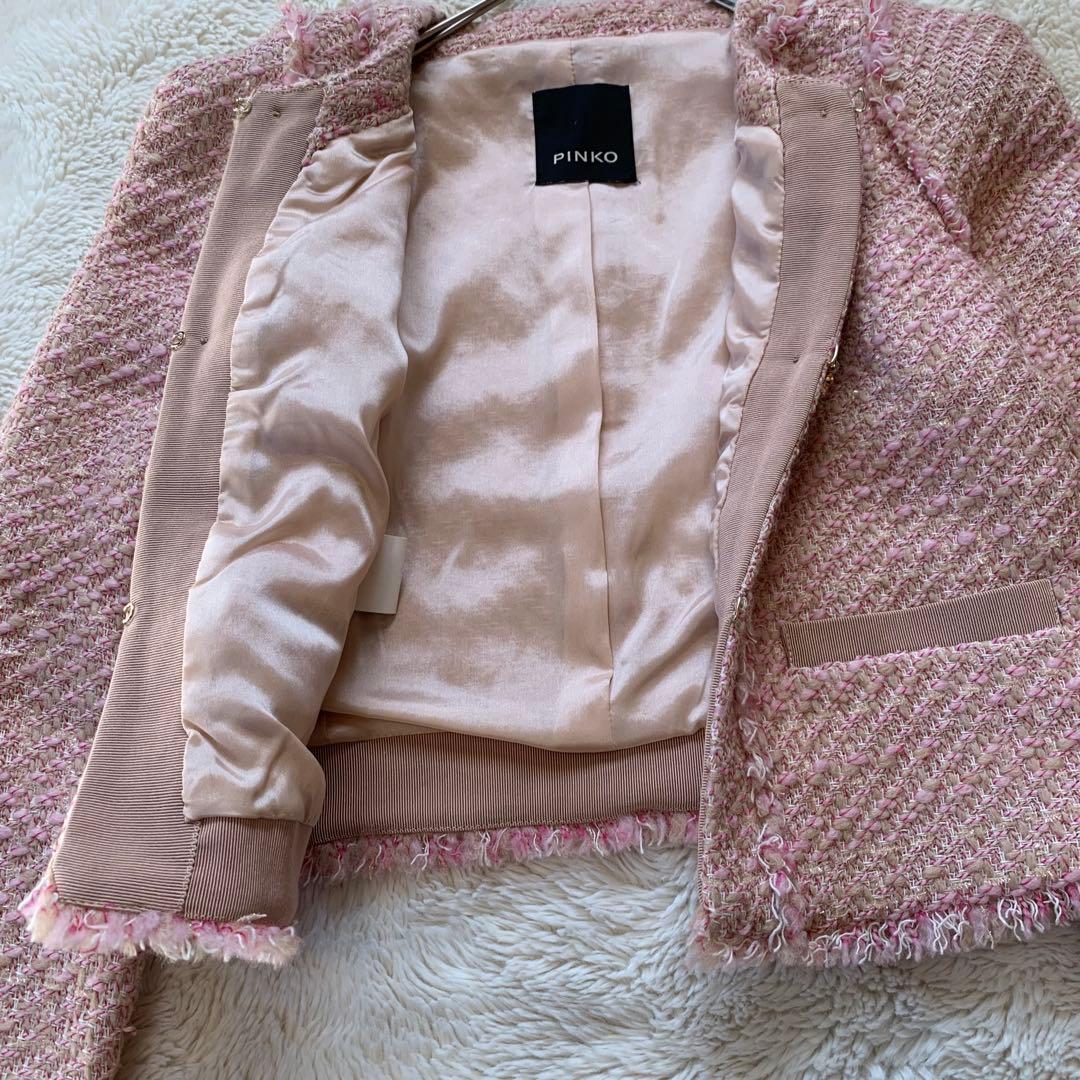 PINKO ピンコ　ツイード　ビジュー　ノーカラー　ジャケット　ピンク　M相当