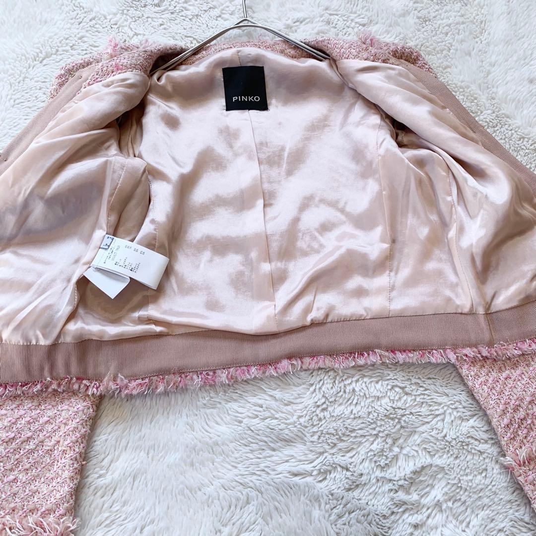 PINKO ピンコ　ツイード　ビジュー　ノーカラー　ジャケット　ピンク　M相当