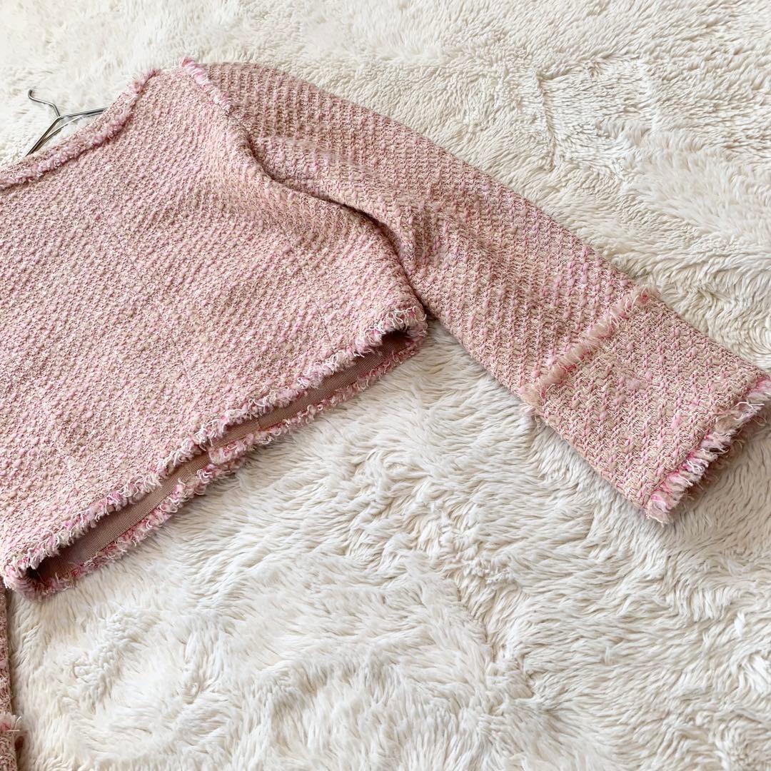 PINKO ピンコ　ツイード　ビジュー　ノーカラー　ジャケット　ピンク　M相当