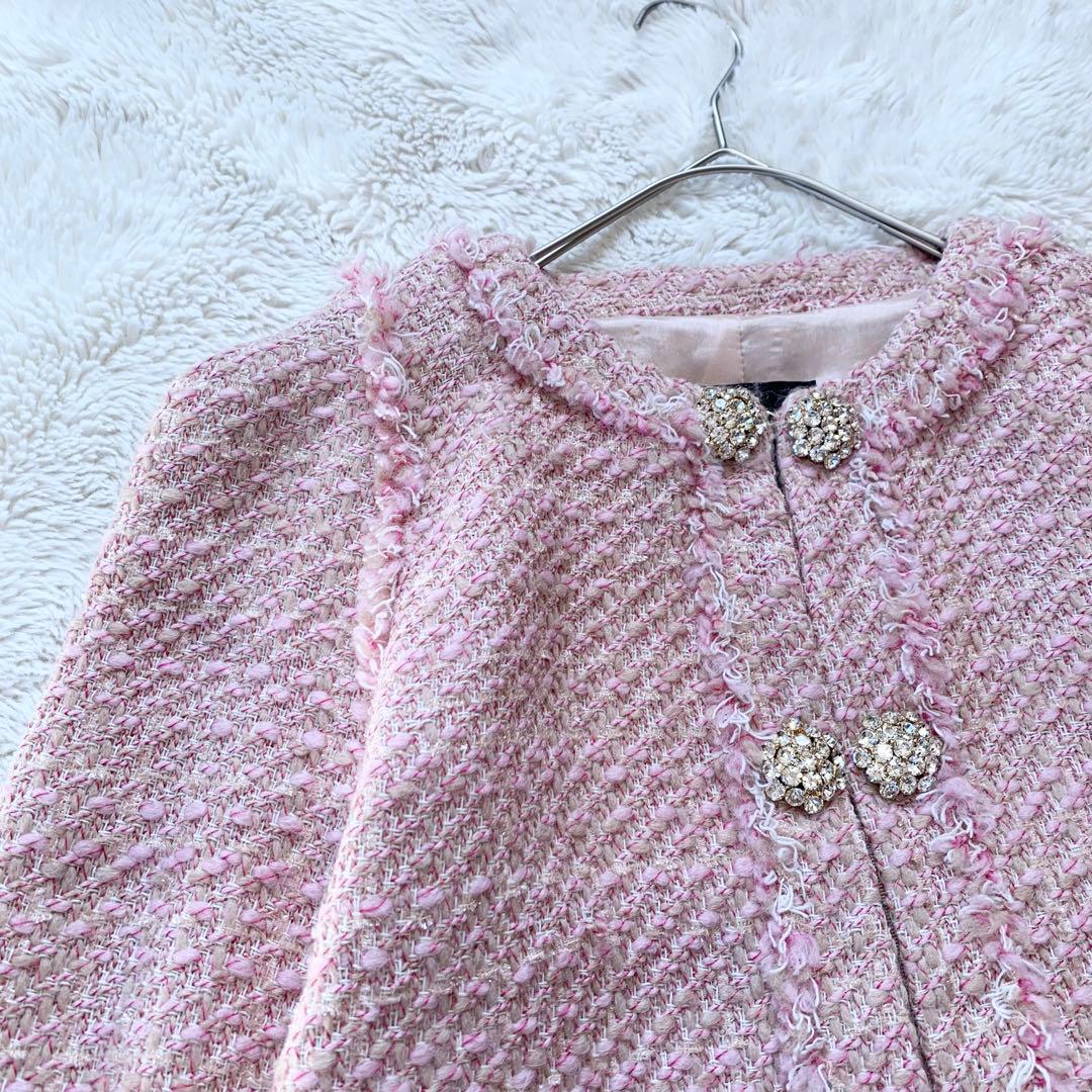 PINKO ピンコ　ツイード　ビジュー　ノーカラー　ジャケット　ピンク　M相当