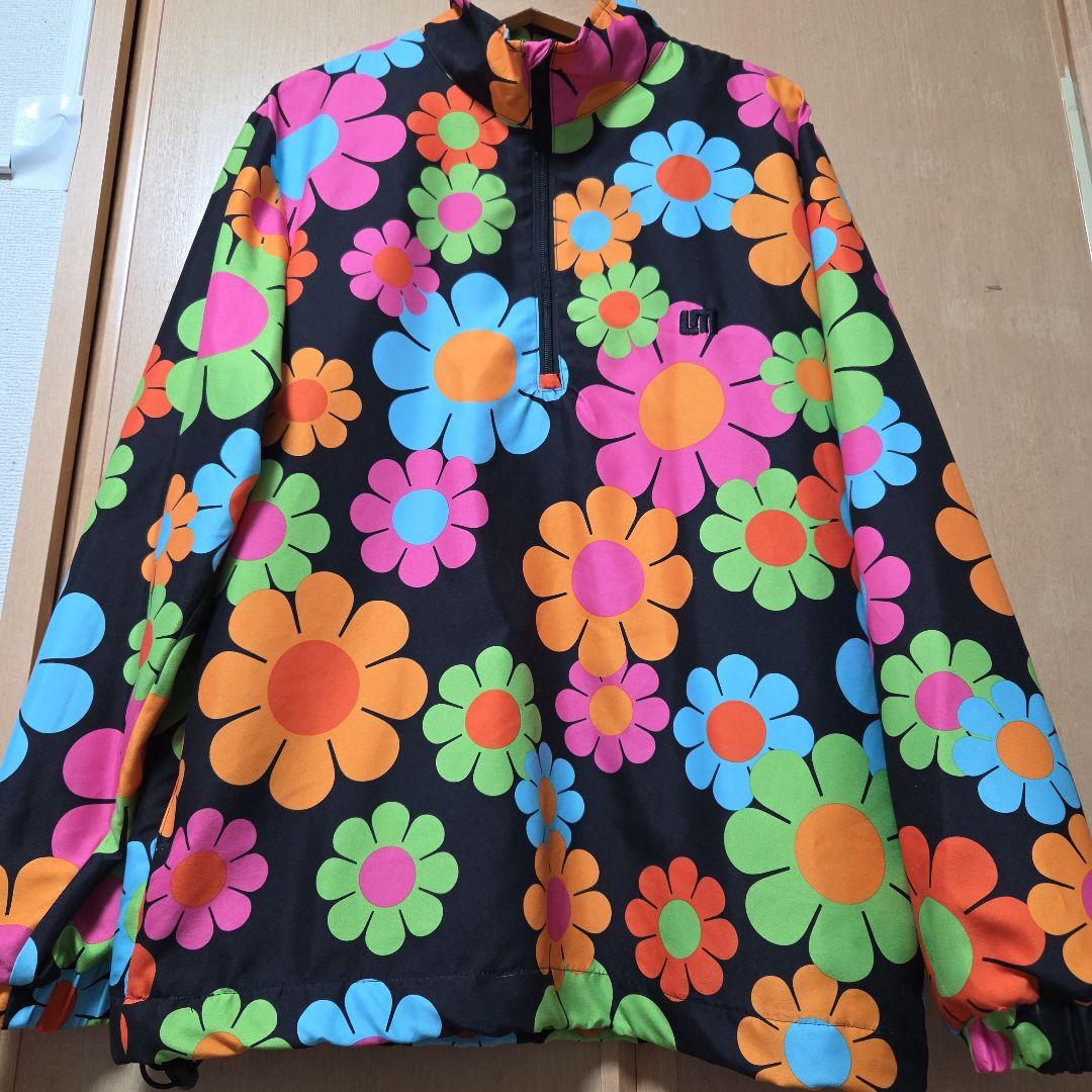 ラウドマウス 黒×マルチ花柄 ハーフジップ 刺繍ロゴ アノラック