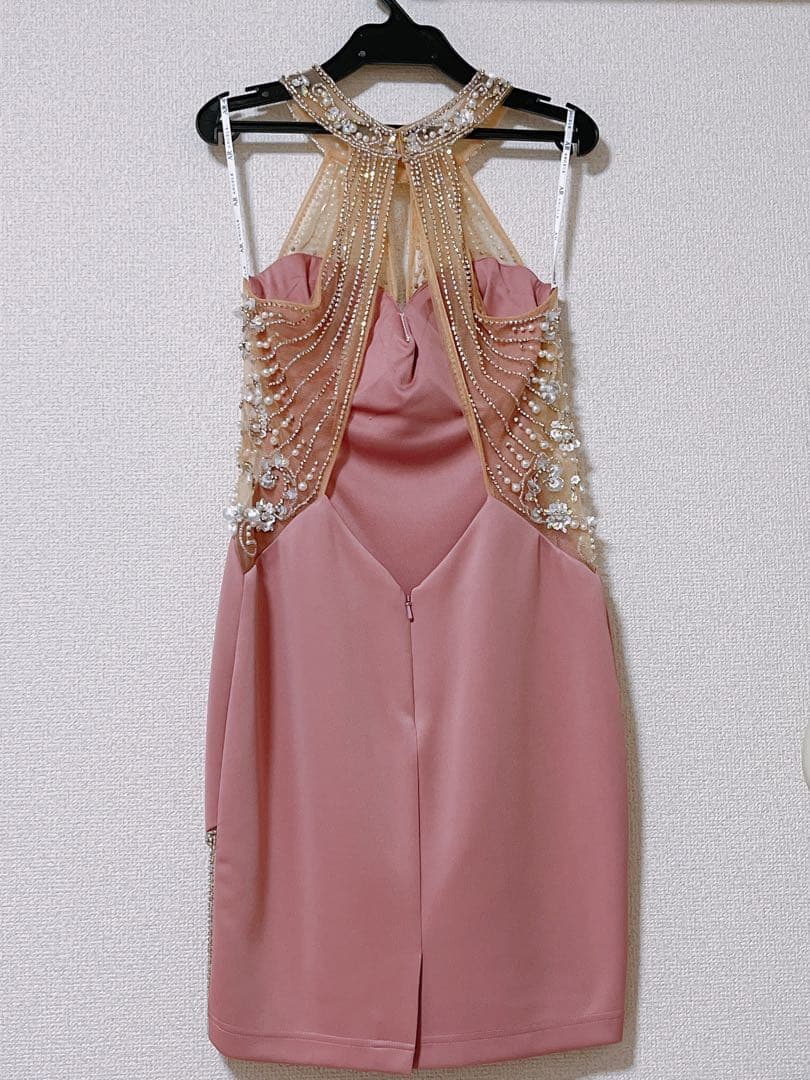 ピンク ビーズ装飾 ハイネックドレス Mサイズ