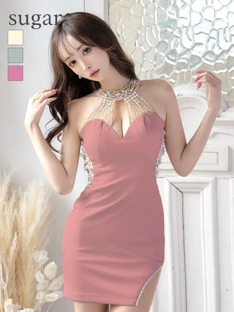 ピンク ビーズ装飾 ハイネックドレス Mサイズ