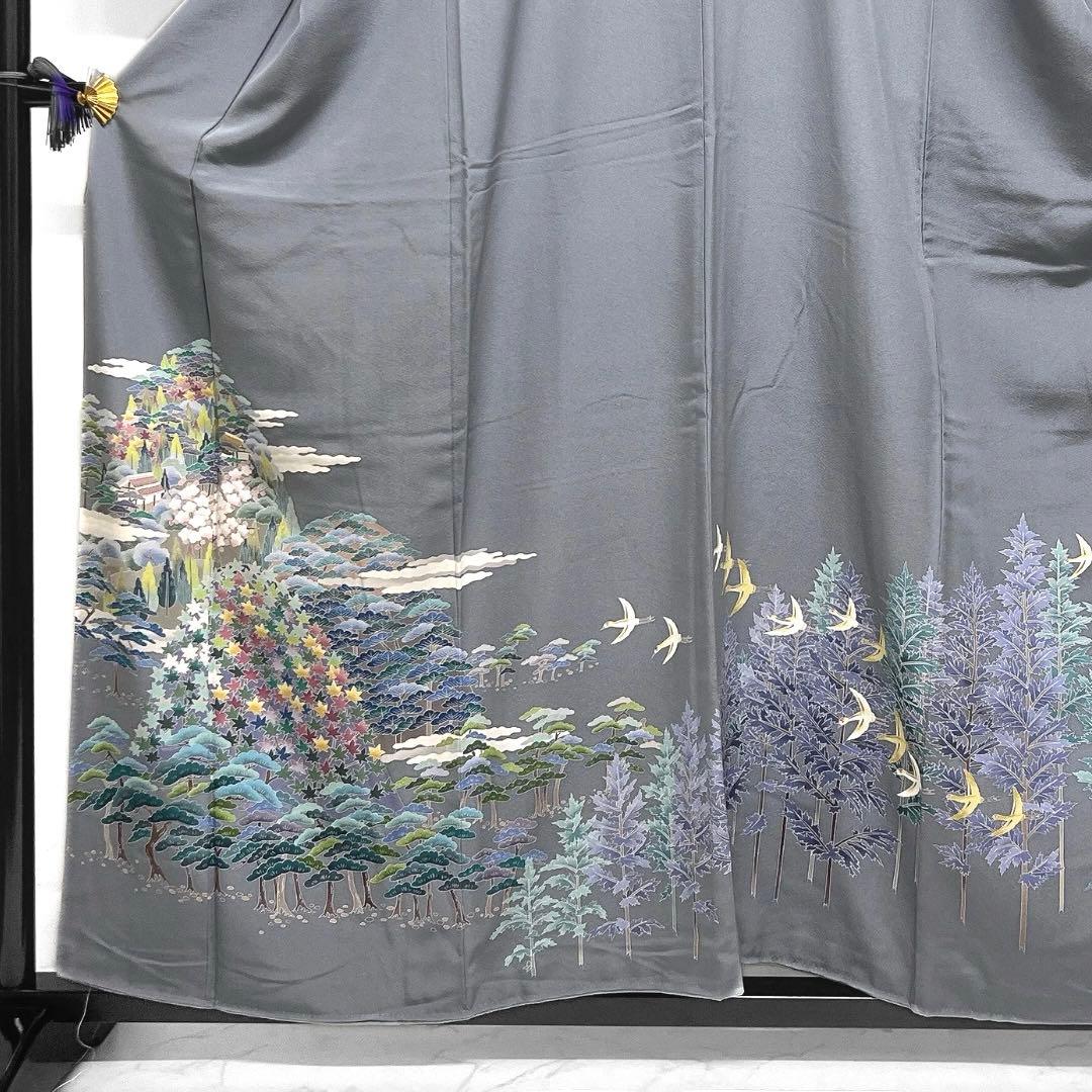 村松竜介　色留袖　友禅　風景　鶴　梅　松　楓　霞　家屋　着物　012a d