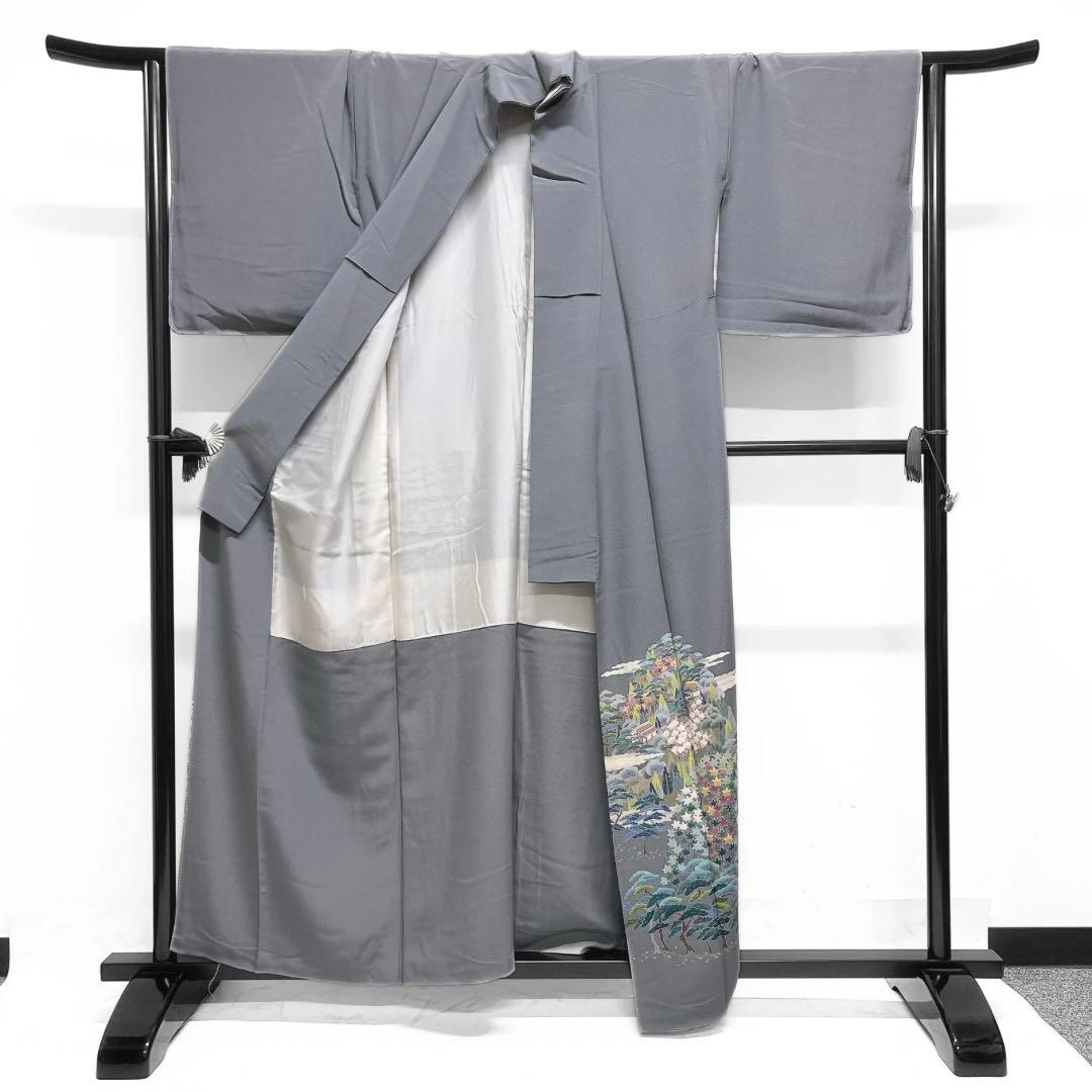 村松竜介　色留袖　友禅　風景　鶴　梅　松　楓　霞　家屋　着物　012a d