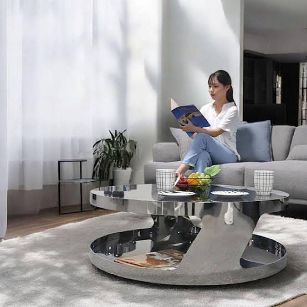 ステンレス　ガラステーブル 円形 幅90cm