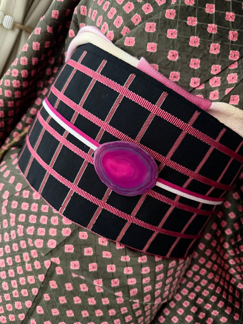 よし 正絹 小紋 着物 チョコブラウン×ピンク 総絞り 単品