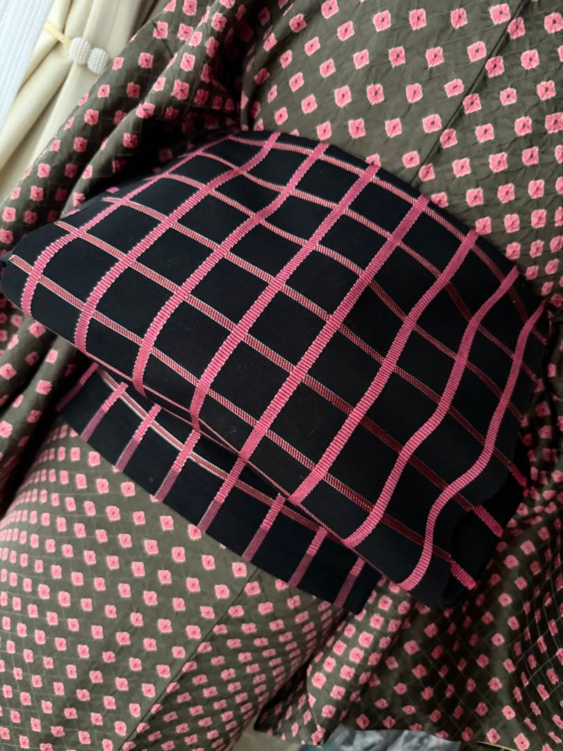 よし 正絹 小紋 着物 チョコブラウン×ピンク 総絞り 単品