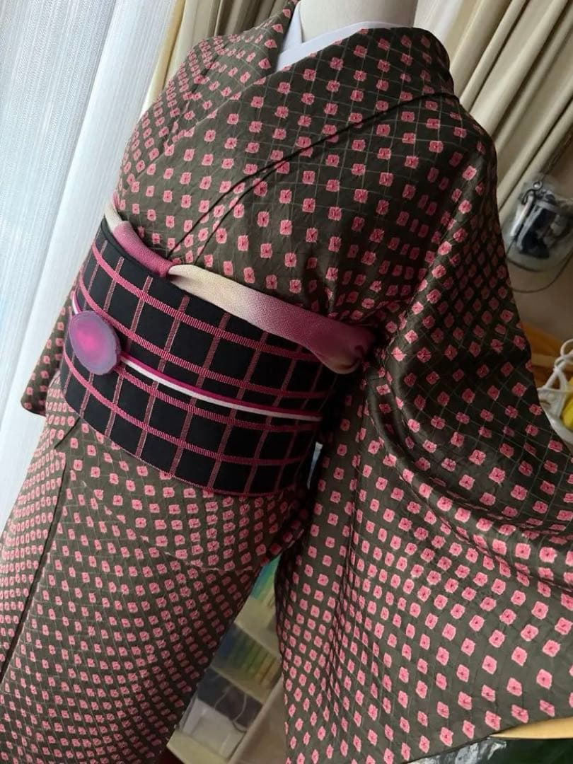 よし 正絹 小紋 着物 チョコブラウン×ピンク 総絞り 単品