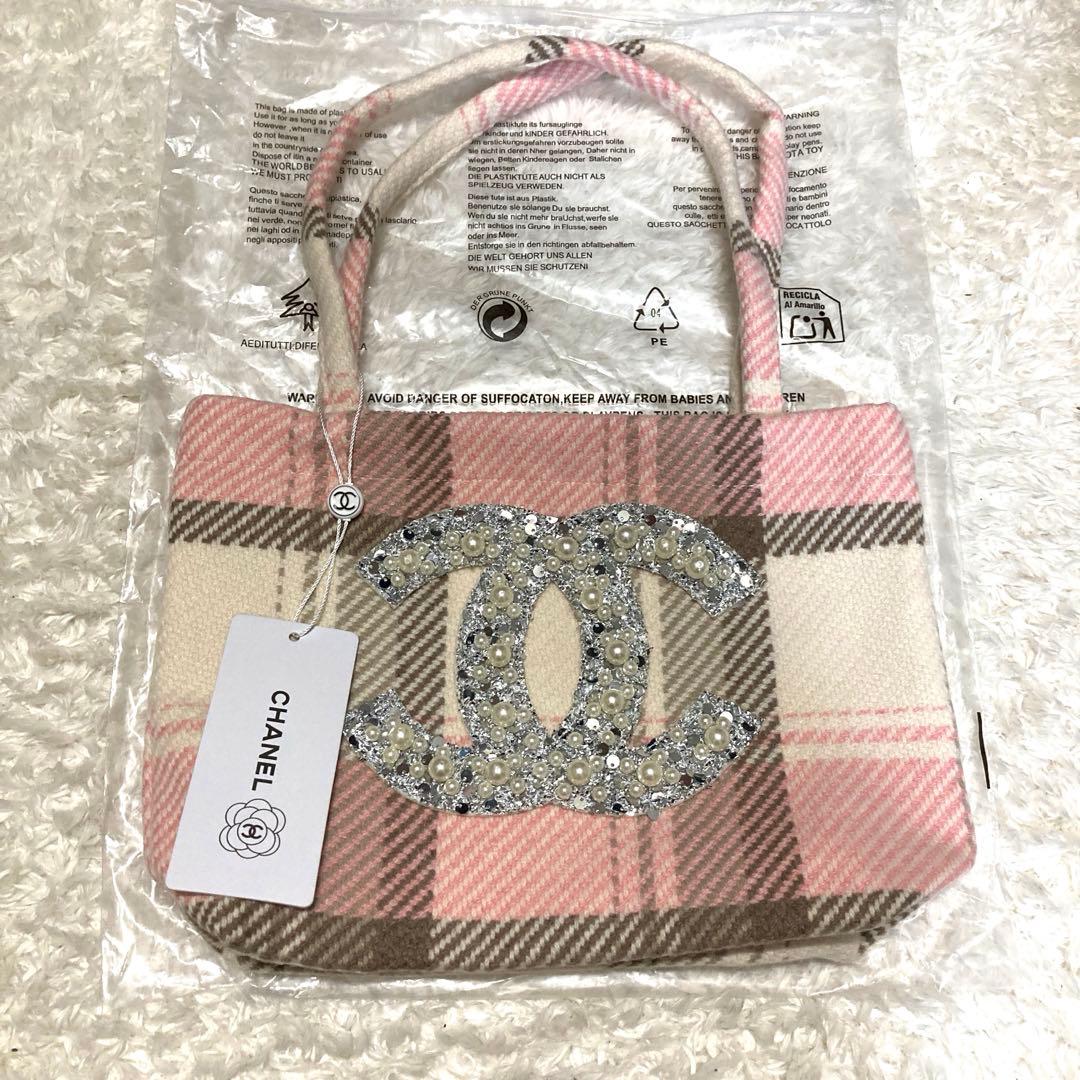 CHANEL チェック柄トートバッグ　パールスパンコール　ピンク