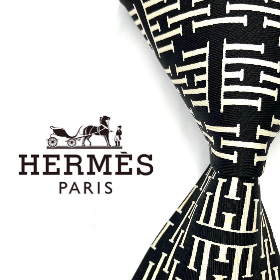 ◆良品◆HERMES エルメス ネクタイ 黒色 ロゴ柄 オシャレ 希少